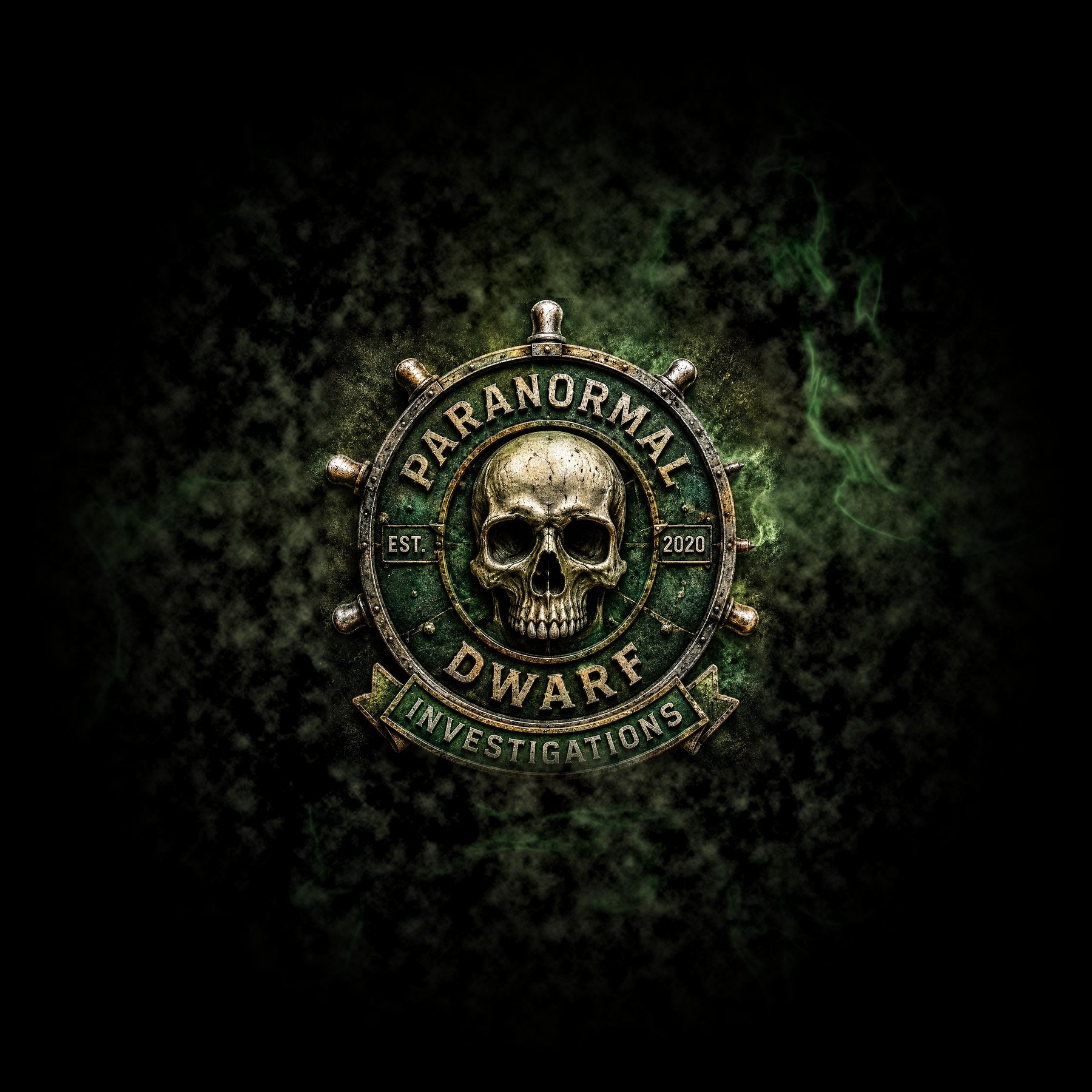 Paranormal Dwarf Investigations badge: a skull inside a ship's wheel, established 2020